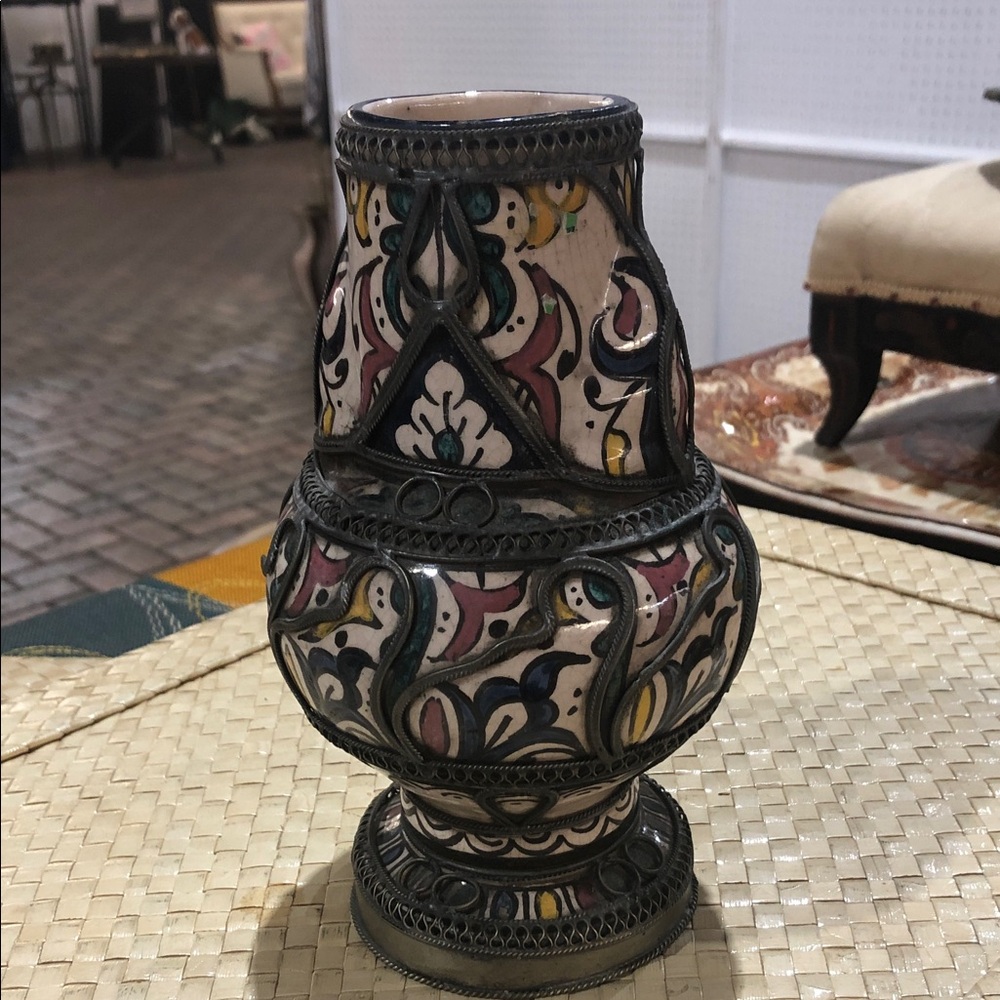 Moroccan Decorative Hand-Painted Ceramic Vase in Multicolor